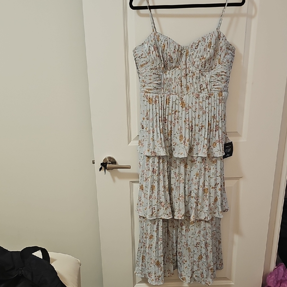Lulu's Light Blue Floral Strapless Tiered Maxi Dress with Brown Accents